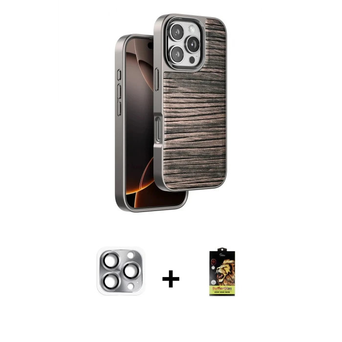 ieg™ iPhone 16 Pro Max Kılıf Atlas Minimal Özel Seri - Siyah Buffer Cam Ekran Koruyucu + Pers Alüminyum Kamera Lens - GI