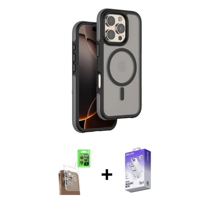 ieg™ iPhone 16 Pro Max Kılıf Çekirdek Minimal Prime - Siyah Bilvis 5in1 3D Magic Cam Ekran Koruyucu + Raze Metal Kamera Lens - CLTM