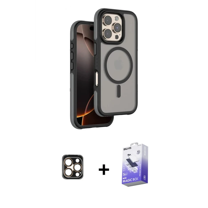 ieg™ iPhone 16 Pro Max Kılıf Çekirdek Minimal Prime - Siyah Bilvis 5in1 5D Magic Hayalet Cam Ekran Koruyucu + PVD Metal Kamera Lens - GD