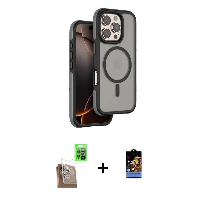 ieg™ iPhone 16 Pro Max Kılıf Çekirdek Minimal Prime - Siyah Buffer Hayalet Cam Ekran Koruyucu + Raze Metal Kamera Lens - CLTM