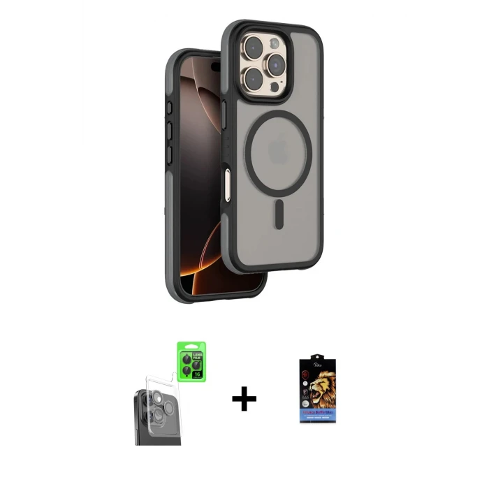 ieg™ iPhone 16 Pro Max Kılıf Çekirdek Minimal Prime - Siyah Buffer Hayalet Cam Ekran Koruyucu + Siyah Raze Metal Kamera Lens