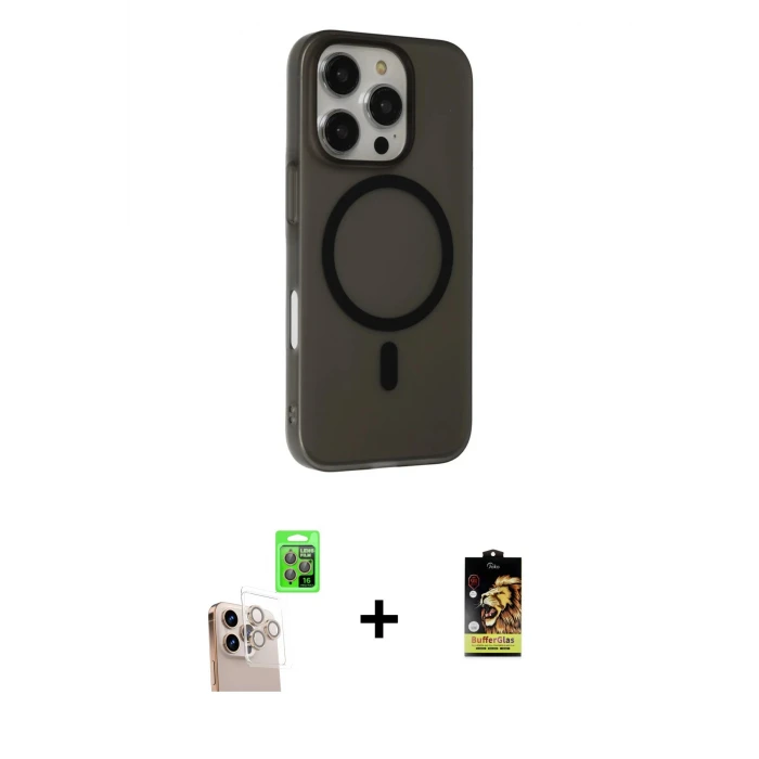 ieg™ iPhone 16 Pro Max Kılıf Çekirdek Modern Prime - Siyah Buffer Cam Ekran Koruyucu + Natural Grey Raze Metal Kamera Lens