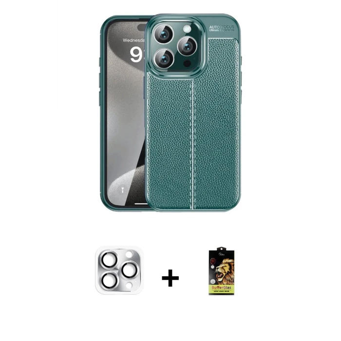 ieg™ iPhone 16 Pro Max Kılıf Doruk Klasik Özel Seri - Siyah Buffer Cam Ekran Koruyucu + Gümüş Pers Alüminyum Kamera Lens