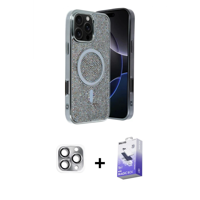ieg™ iPhone 16 Pro Max Kılıf Eksen Çizgi - Siyah Bilvis 5in1 5D Magic Hayalet Cam Ekran Koruyucu + Pers Alüminyum Kamera Lens - GI