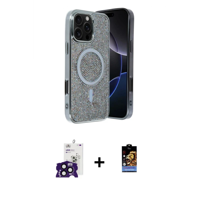 ieg™ iPhone 16 Pro Max Kılıf Eksen Çizgi - Siyah Buffer Hayalet Cam Ekran Koruyucu + Bilvis Titan Kamera Lens - SH
