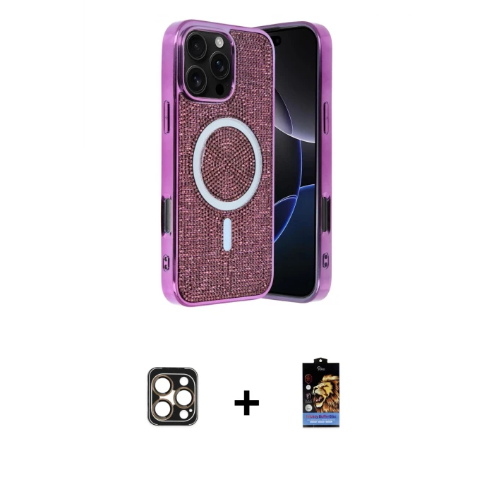 ieg™ iPhone 16 Pro Max Kılıf Eksen Çizgi - Siyah Buffer Hayalet Cam Ekran Koruyucu + Gold PVD Metal Kamera Lens