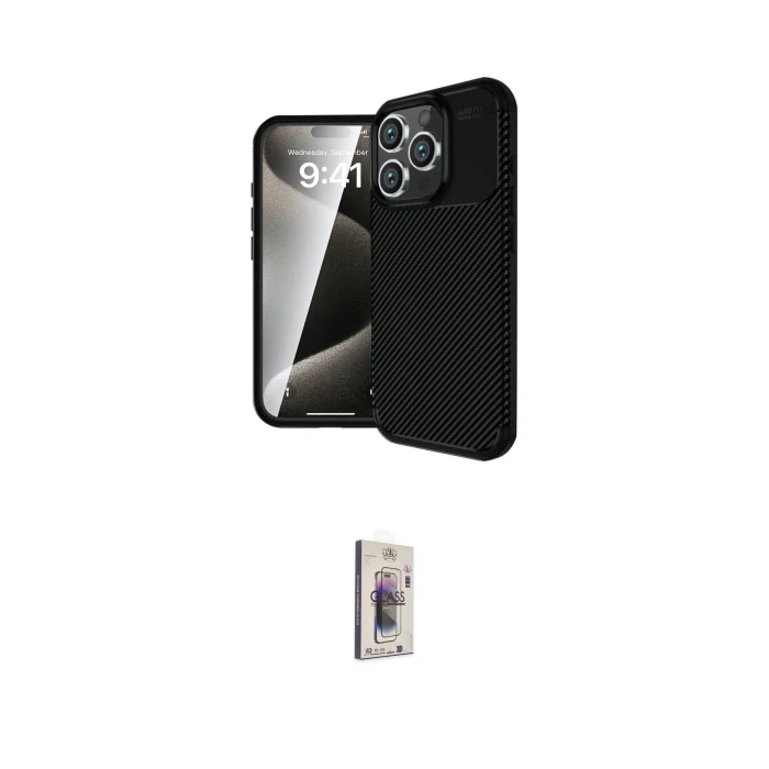 ieg™ iPhone 16 Pro Max Kılıf Eksen Form Prime - Siyah Bilvis 3D Cam Ekran Koruyucu
