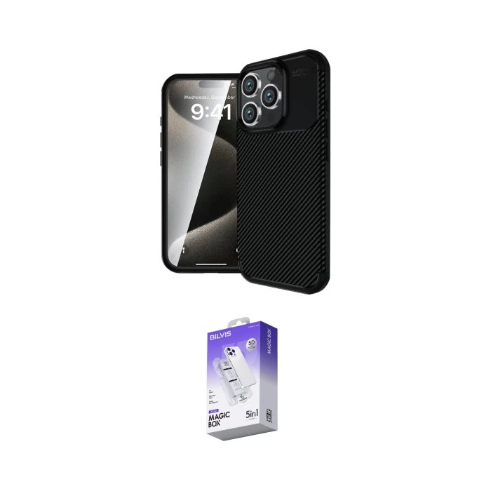 ieg™ iPhone 16 Pro Max Kılıf Eksen Form Prime - Siyah Bilvis 5in1 3D Magic Cam Ekran Koruyucu