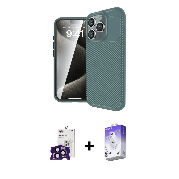 ieg™ iPhone 16 Pro Max Kılıf Eksen Form Prime - Siyah Bilvis 5in1 3D Magic Cam Ekran Koruyucu + Bilvis Titan Kamera Lens - SH