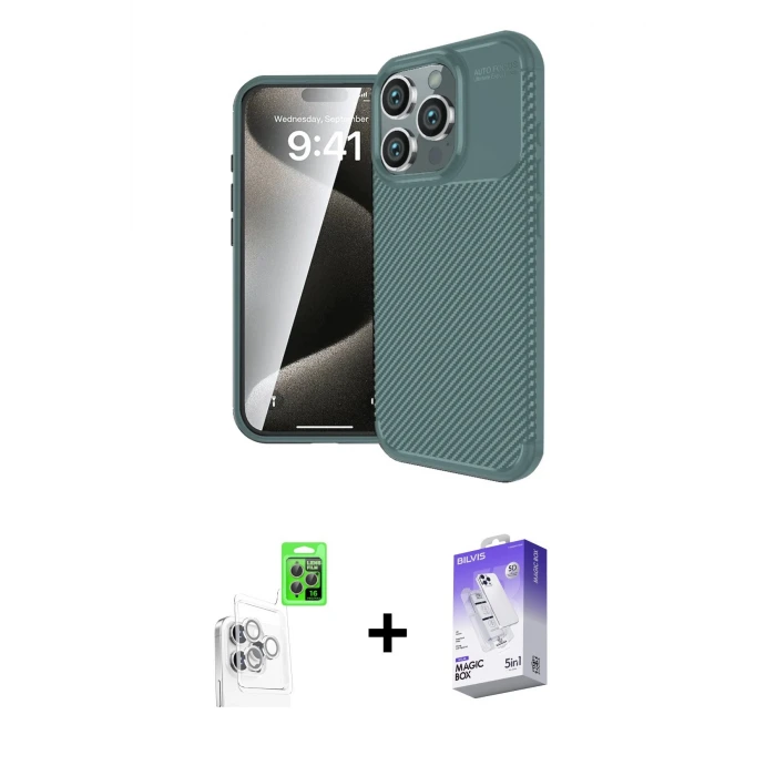 ieg™ iPhone 16 Pro Max Kılıf Eksen Form Prime - Siyah Bilvis 5in1 3D Magic Cam Ekran Koruyucu + Raze Metal Kamera Lens - BZ