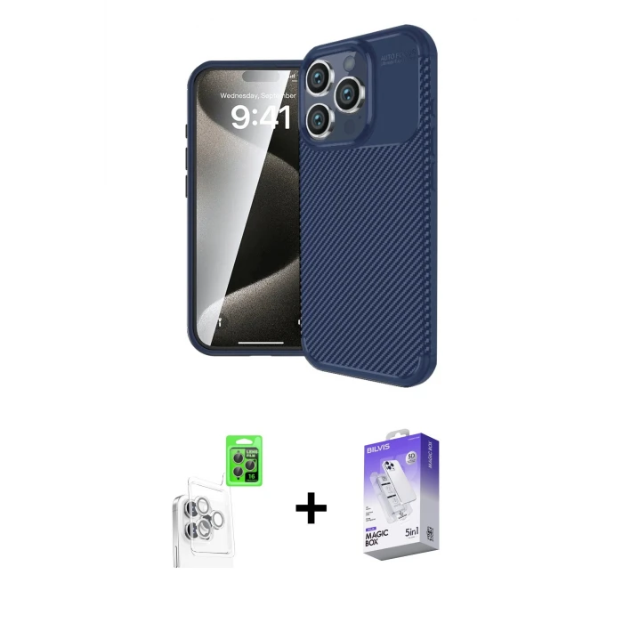 ieg™ iPhone 16 Pro Max Kılıf Eksen Form Prime - Siyah Bilvis 5in1 3D Magic Cam Ekran Koruyucu + Raze Metal Kamera Lens - BZ
