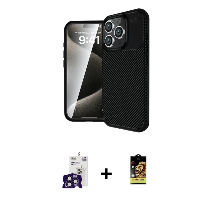 ieg™ iPhone 16 Pro Max Kılıf Eksen Form Prime - Siyah Buffer Cam Ekran Koruyucu + Bilvis Titan Kamera Lens - TMGI