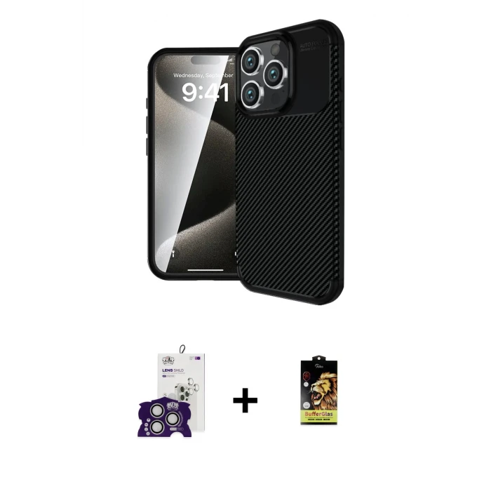 ieg™ iPhone 16 Pro Max Kılıf Eksen Form Prime - Siyah Buffer Cam Ekran Koruyucu + Bilvis Titan Kamera Lens - GS