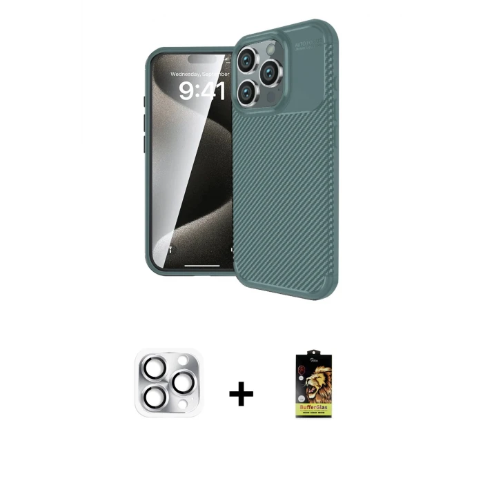 ieg™ iPhone 16 Pro Max Kılıf Eksen Form Prime - Siyah Buffer Cam Ekran Koruyucu + Gümüş Pers Alüminyum Kamera Lens