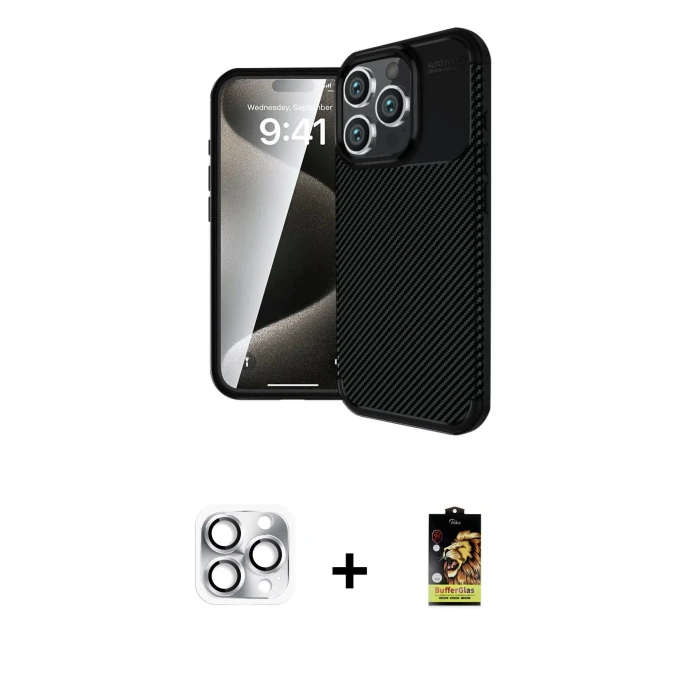 ieg™ iPhone 16 Pro Max Kılıf Eksen Form Prime - Siyah Buffer Cam Ekran Koruyucu + Pers Alüminyum Kamera Lens - GS