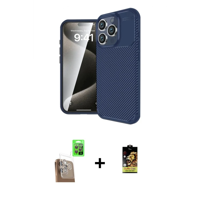 ieg™ iPhone 16 Pro Max Kılıf Eksen Form Prime - Siyah Buffer Cam Ekran Koruyucu + Raze Metal Kamera Lens - CLTM