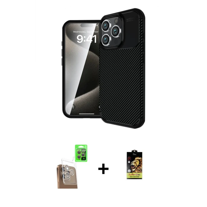 ieg™ iPhone 16 Pro Max Kılıf Eksen Form Prime - Siyah Buffer Cam Ekran Koruyucu + Raze Metal Kamera Lens - CLTM