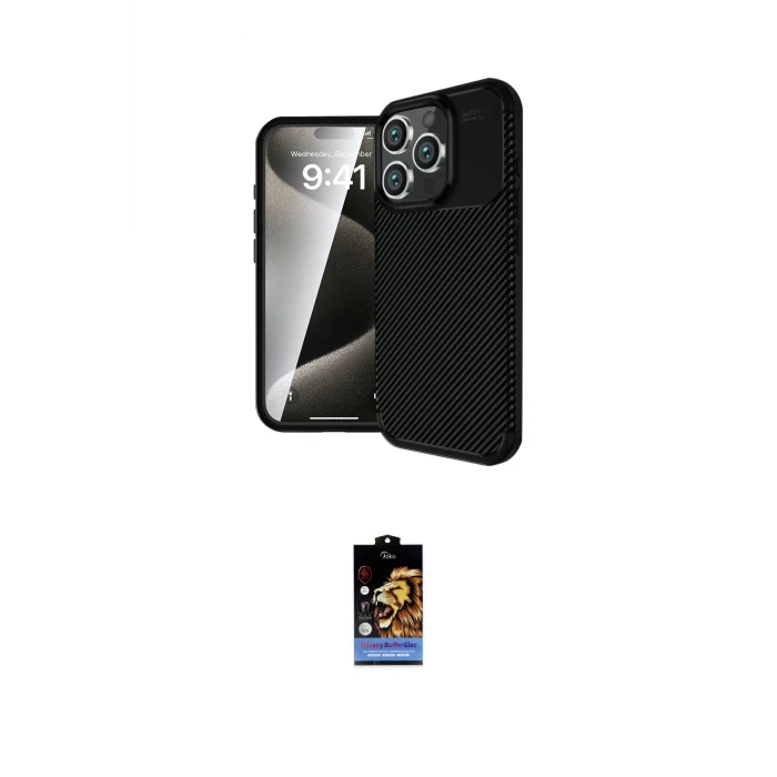 ieg™ iPhone 16 Pro Max Kılıf Eksen Form Prime - Siyah Buffer Hayalet Cam Ekran Koruyucu