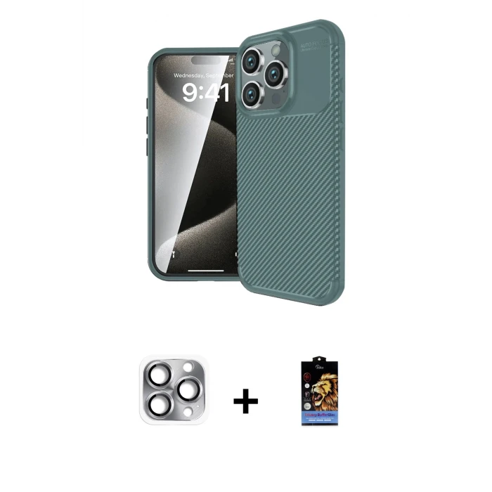 ieg™ iPhone 16 Pro Max Kılıf Eksen Form Prime - Siyah Buffer Hayalet Cam Ekran Koruyucu + Pers Alüminyum Kamera Lens - GI
