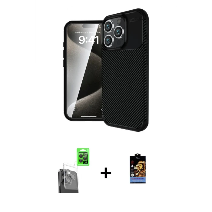 ieg™ iPhone 16 Pro Max Kılıf Eksen Form Prime - Siyah Buffer Hayalet Cam Ekran Koruyucu + Raze Metal Kamera Lens - SH