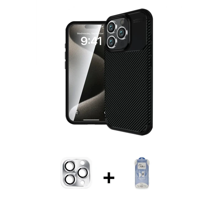 ieg™ iPhone 16 Pro Max Kılıf Eksen Form Prime - Siyah Joko Magic 5D Cam + Gümüş Pers Alüminyum Kamera Lens