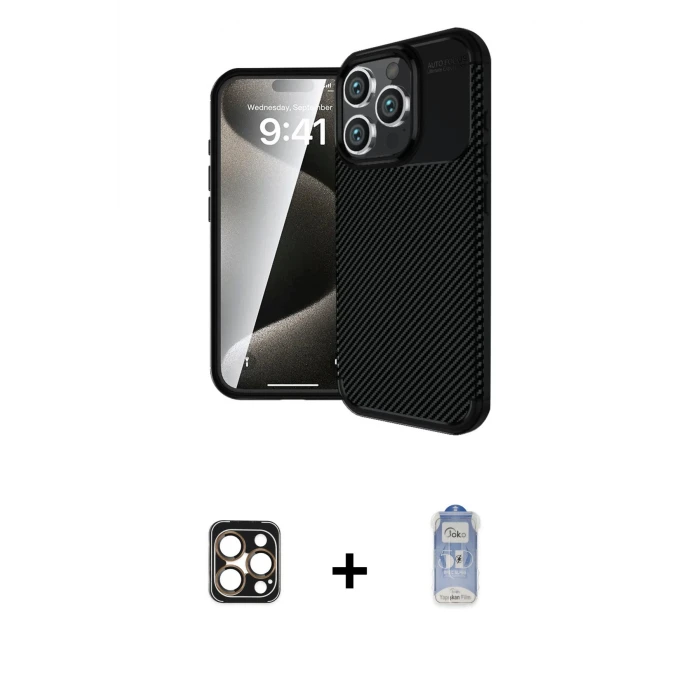 ieg™ iPhone 16 Pro Max Kılıf Eksen Form Prime - Siyah Joko Magic 5D Cam + PVD Metal Kamera Lens - GD