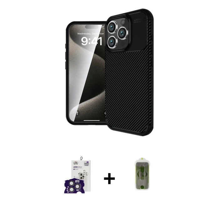 ieg™ iPhone 16 Pro Max Kılıf Eksen Form Prime - Siyah Joko Magic 5D Hayalet Cam + Bilvis Titan Kamera Lens - TMGI