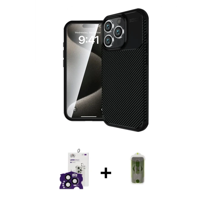 ieg™ iPhone 16 Pro Max Kılıf Eksen Form Prime - Siyah Joko Magic 5D Hayalet Cam + Bilvis Titan Kamera Lens - SH