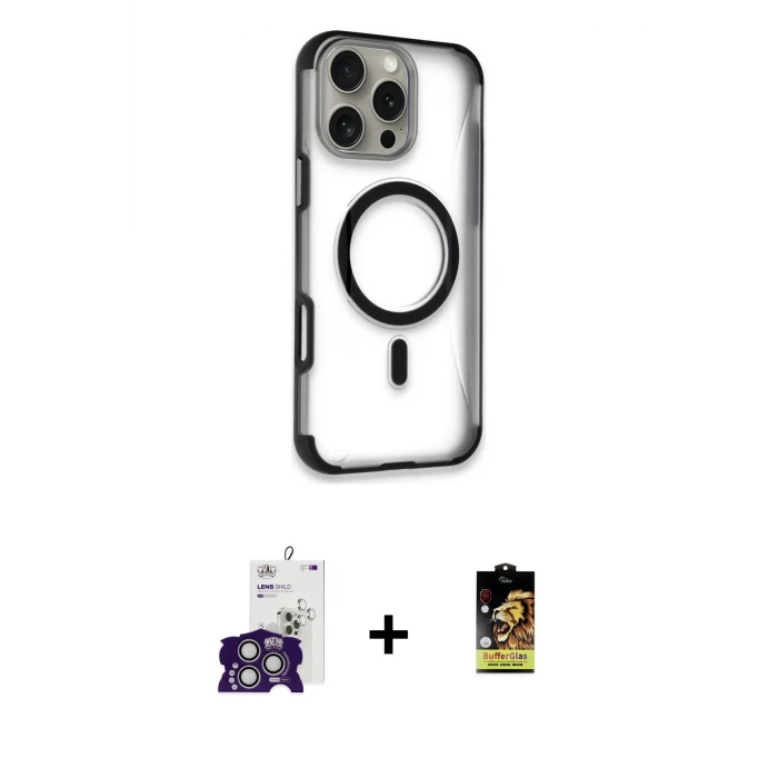 ieg™ iPhone 16 Pro Max Kılıf Eksen Klasik Koleksiyonu - Siyah Buffer Cam Ekran Koruyucu + Bilvis Titan Kamera Lens - GS