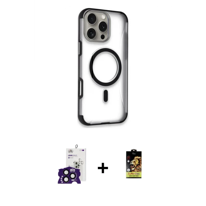 ieg™ iPhone 16 Pro Max Kılıf Eksen Klasik Koleksiyonu - Siyah Buffer Cam Ekran Koruyucu + Siyah Bilvis Titan Kamera Lens