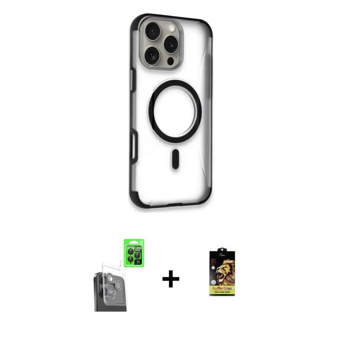 ieg™ iPhone 16 Pro Max Kılıf Eksen Klasik Koleksiyonu - Siyah Buffer Cam Ekran Koruyucu + Siyah Raze Metal Kamera Lens