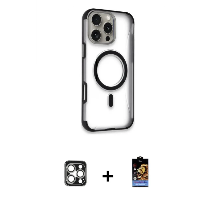 ieg™ iPhone 16 Pro Max Kılıf Eksen Klasik Koleksiyonu - Siyah Buffer Hayalet Cam Ekran Koruyucu + PVD Metal Kamera Lens - GS