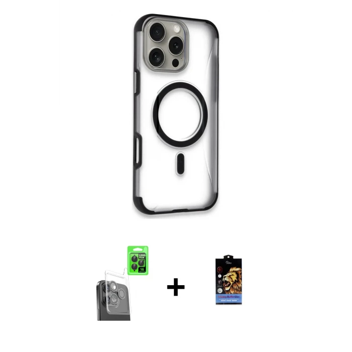 ieg™ iPhone 16 Pro Max Kılıf Eksen Klasik Koleksiyonu - Siyah Buffer Hayalet Cam Ekran Koruyucu + Raze Metal Kamera Lens - SH