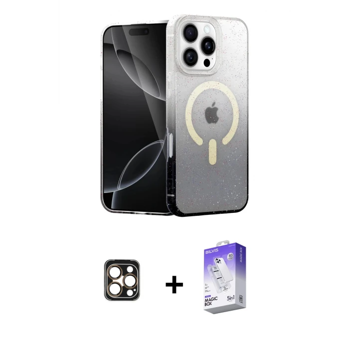 ieg™ iPhone 16 Pro Max Kılıf Eksen Minimal Özel Seri - Siyah Bilvis 5in1 3D Magic Cam Ekran Koruyucu + PVD Metal Kamera Lens - GD