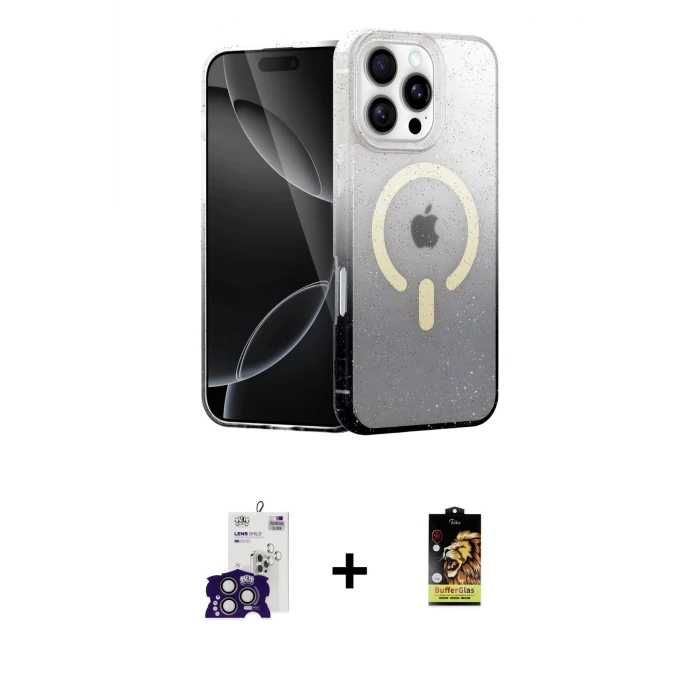 ieg™ iPhone 16 Pro Max Kılıf Eksen Minimal Özel Seri - Siyah Buffer Cam Ekran Koruyucu + Bilvis Titan Kamera Lens - TMGI