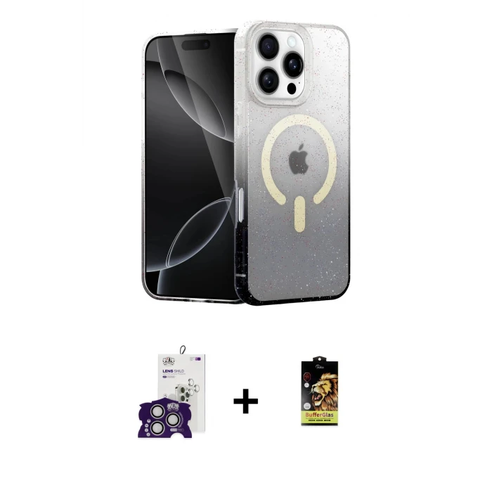 ieg™ iPhone 16 Pro Max Kılıf Eksen Minimal Özel Seri - Siyah Buffer Cam Ekran Koruyucu + Bilvis Titan Kamera Lens - GS