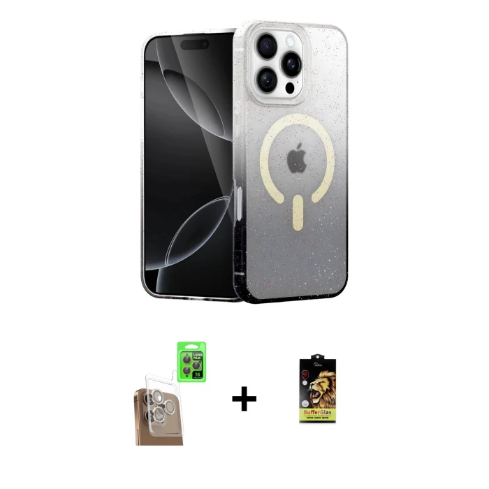 ieg™ iPhone 16 Pro Max Kılıf Eksen Minimal Özel Seri - Siyah Buffer Cam Ekran Koruyucu + Çöl Titanyum Raze Metal Kamera Lens