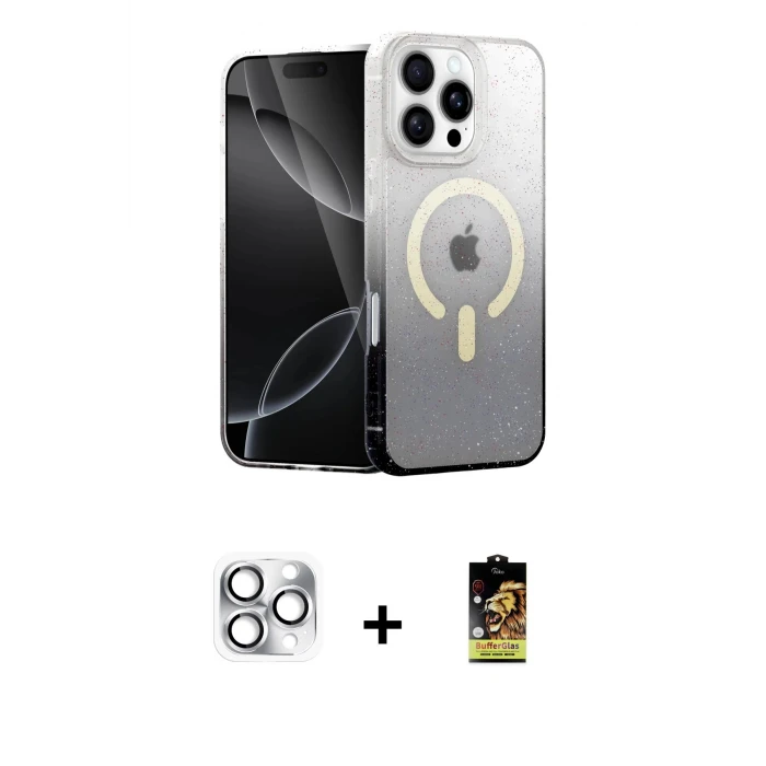 ieg™ iPhone 16 Pro Max Kılıf Eksen Minimal Özel Seri - Siyah Buffer Cam Ekran Koruyucu + Pers Alüminyum Kamera Lens - GS