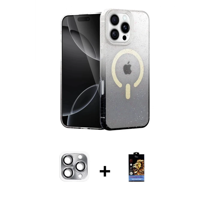 ieg™ iPhone 16 Pro Max Kılıf Eksen Minimal Özel Seri - Siyah Buffer Hayalet Cam Ekran Koruyucu + Gri Pers Alüminyum Kamera Lens