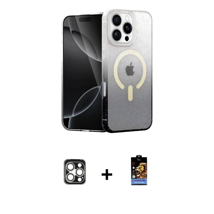 ieg™ iPhone 16 Pro Max Kılıf Eksen Minimal Özel Seri - Siyah Buffer Hayalet Cam Ekran Koruyucu + PVD Metal Kamera Lens - GS