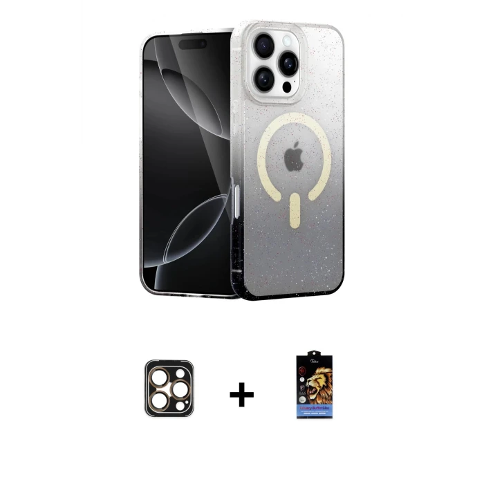 ieg™ iPhone 16 Pro Max Kılıf Eksen Minimal Özel Seri - Siyah Buffer Hayalet Cam Ekran Koruyucu + PVD Metal Kamera Lens - GD