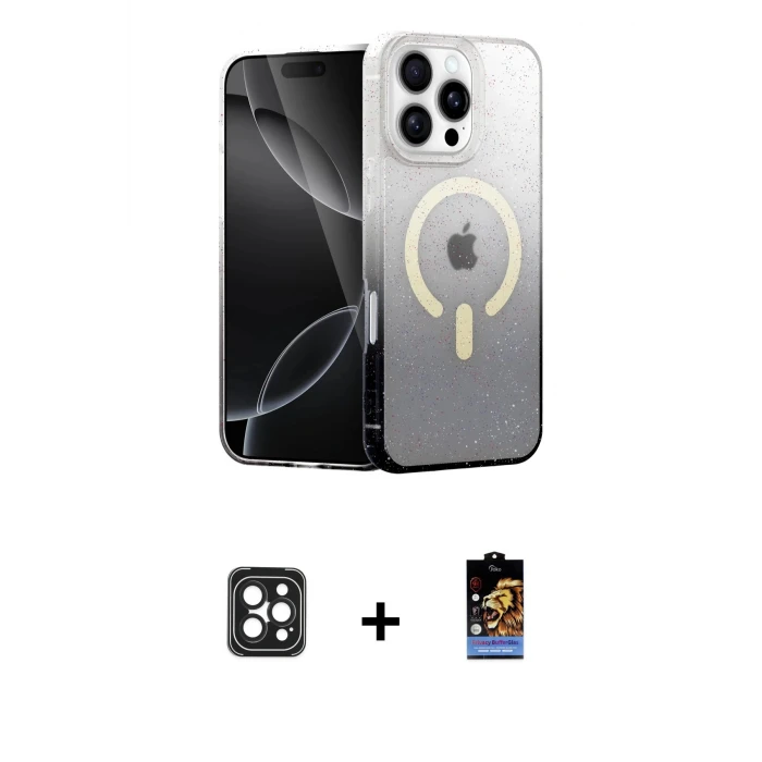 ieg™ iPhone 16 Pro Max Kılıf Eksen Minimal Özel Seri - Siyah Buffer Hayalet Cam Ekran Koruyucu + Siyah PVD Metal Kamera Lens