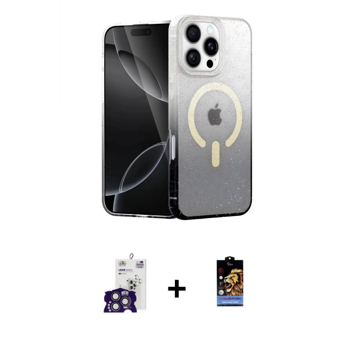 ieg™ iPhone 16 Pro Max Kılıf Eksen Minimal Özel Seri - Siyah Buffer Hayalet Cam Ekran Koruyucu + Titanyum Gri Bilvis Titan Kamera Lens