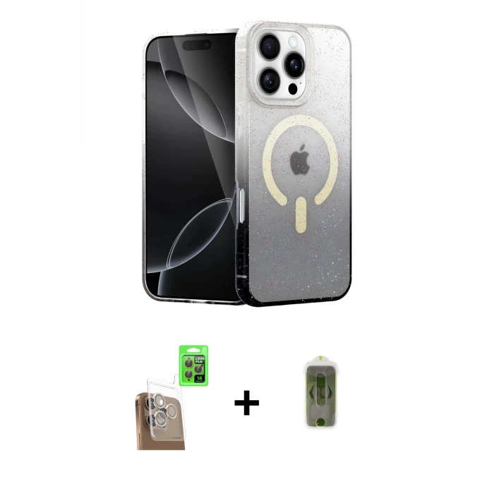 ieg™ iPhone 16 Pro Max Kılıf Eksen Minimal Özel Seri - Siyah Joko Magic 5D Hayalet Cam + Çöl Titanyum Raze Metal Kamera Lens