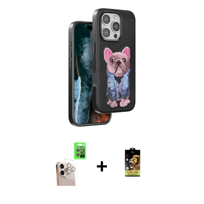ieg™ iPhone 16 Pro Max Kılıf İz Minimal Koleksiyonu - Siyah Buffer Cam Ekran Koruyucu + Natural Grey Raze Metal Kamera Lens