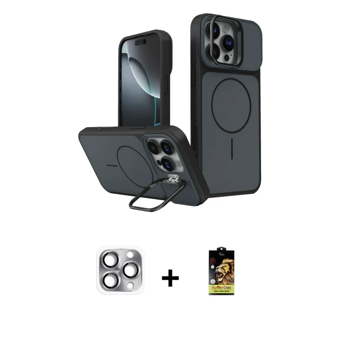 ieg™ iPhone 16 Pro Max Kılıf İz Modern Prime - Siyah Buffer Cam Ekran Koruyucu + Pers Alüminyum Kamera Lens - GI