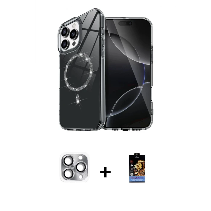 ieg™ iPhone 16 Pro Max Kılıf Kıvılcım Form Prime - Siyah Buffer Hayalet Cam Ekran Koruyucu + Pers Alüminyum Kamera Lens - GI