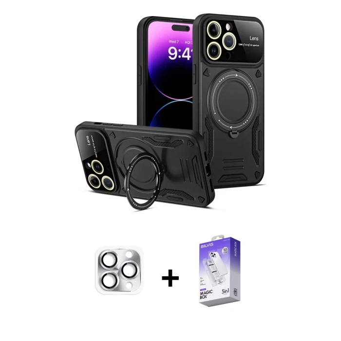 ieg™ iPhone 16 Pro Max Kılıf Kıvılcım Modern Serisi - Siyah Bilvis 5in1 3D Magic Cam Ekran Koruyucu + Pers Alüminyum Kamera Lens - GS