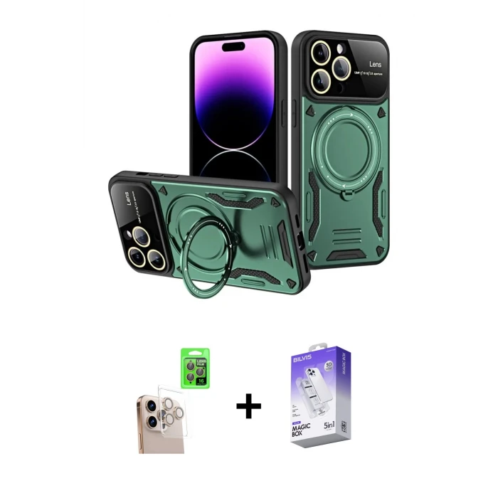 ieg™ iPhone 16 Pro Max Kılıf Kıvılcım Modern Serisi - Siyah Bilvis 5in1 3D Magic Cam Ekran Koruyucu + Raze Metal Kamera Lens - NLGY