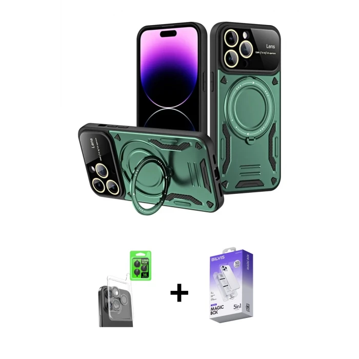 ieg™ iPhone 16 Pro Max Kılıf Kıvılcım Modern Serisi - Siyah Bilvis 5in1 3D Magic Cam Ekran Koruyucu + Raze Metal Kamera Lens - SH